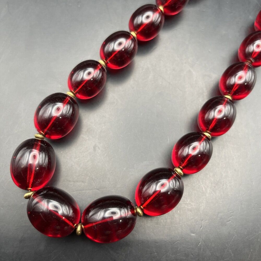 Vintage Monet Chunky Red Lucite Beaded Necklace Gold Tone Cherry Color Bold